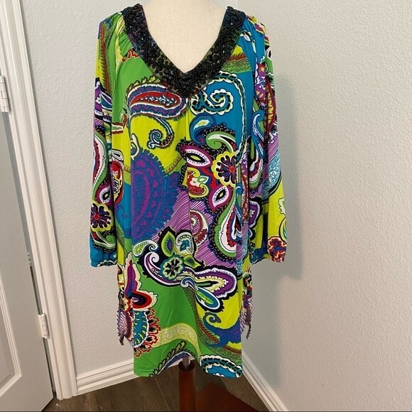 NWT   Multiples Beaded V Neck Blue Abstract Paisley Floral Pattern Boho Size L - Picture 1 of 15